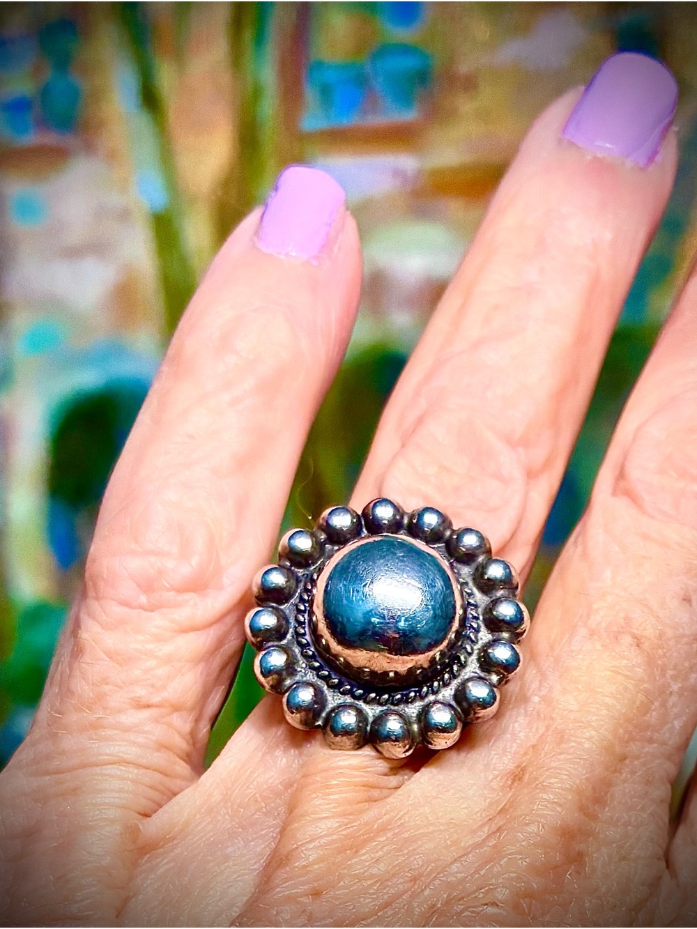 Vintage Sterling Silver Beaded Done Ring - Size 5 - Picture 3 of 3